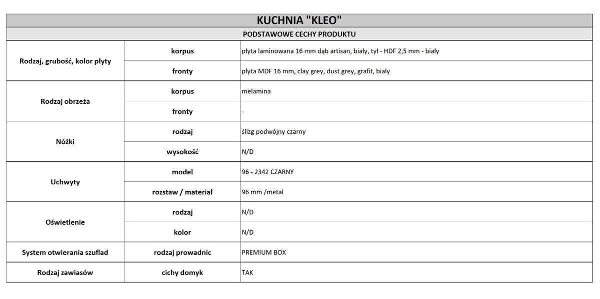Wykaz szafek kuchennych meble kuchenne modułowe KLEO kuchnia z frezowanymi frontami biały szary krem mat dane 4-4